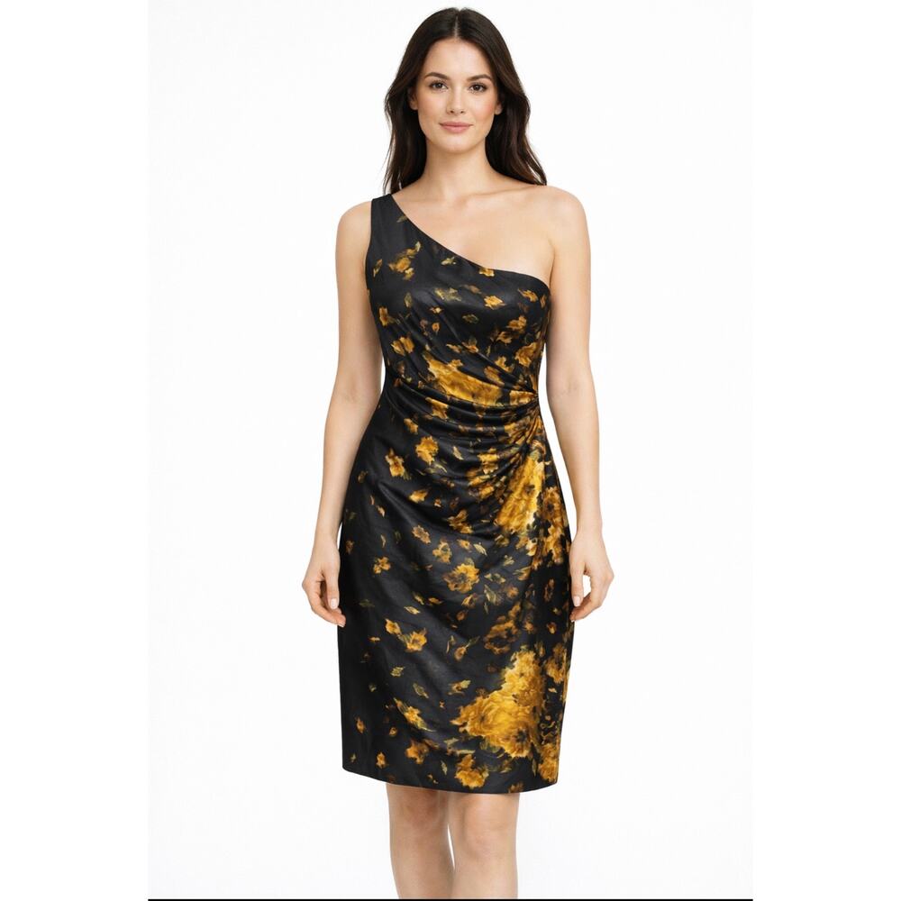 Maggy London Dress One-Shoulder Black & Gold Floral Cocktail Size 6 Formal